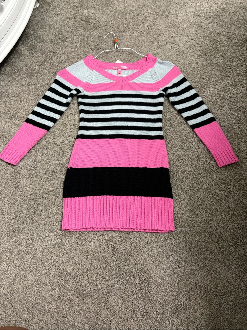 Girls' Pink Striped Knit Sweater Dress